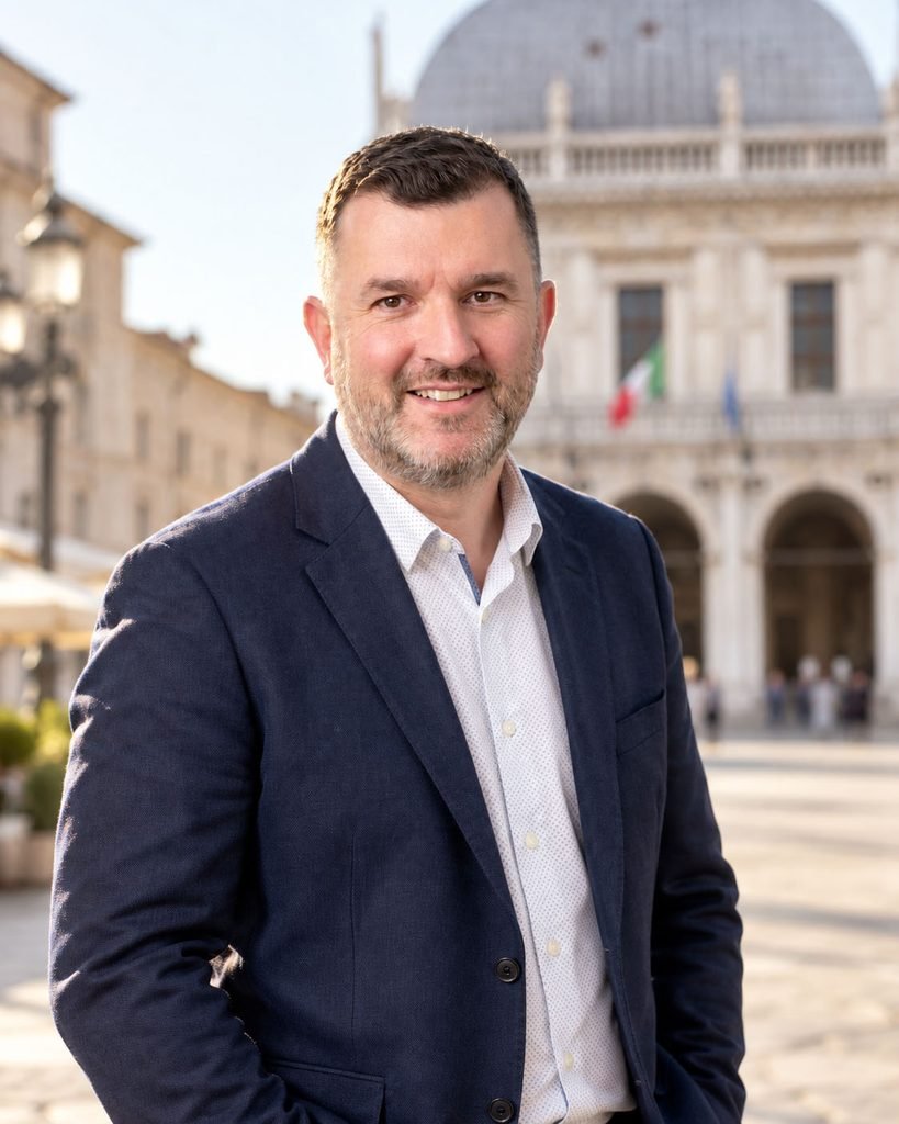 Mark Chambers, British–Italian marketing consultant, in Piazza della Loggia, Brescia